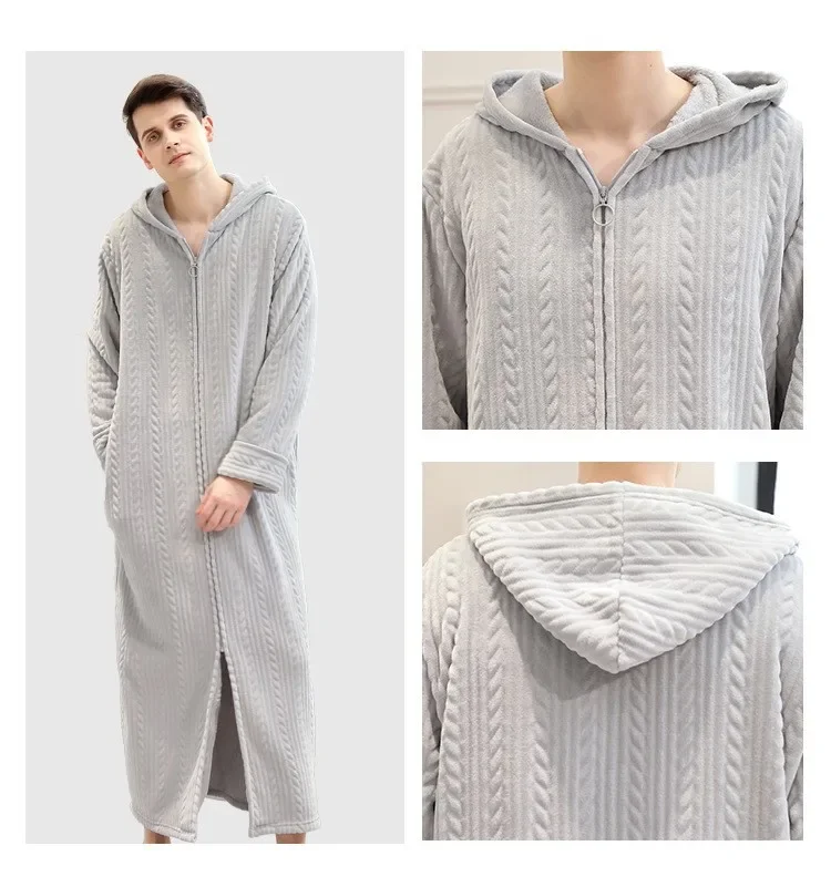 Men's Plus Fat and Oversized Home Clothes Winter Flannel Pajamas Zipper Bathrobe Warm Pajamas Solid Color Long Pajamas 10 undefined