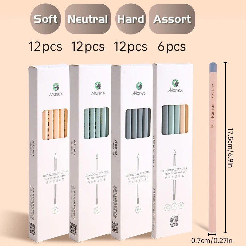 6/12pcs Marie's Sketch Charcoal Pencils,Soft/Medium/Hard Lead with Colored Wooden Barrel for Drawing,Sketching,Shading & Blendin 2