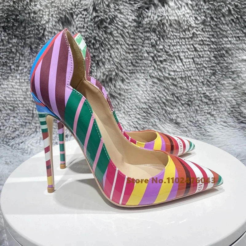 

12cm Women Color Striped High Heeled Pumps Graffiti Shoes Mixed Colors Pointed Toe Pump Design Luxury Fashion Shallow Pumps