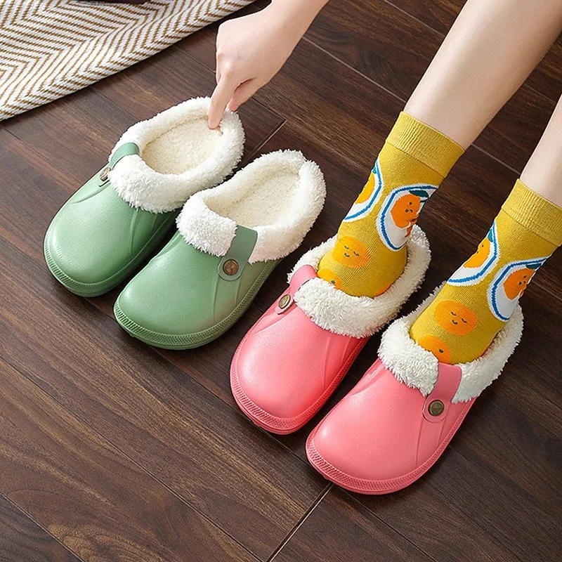 Crestar Winter Woman Men Slippers Waterproof EVA Plush Warm Slippers Clogs Lovers Home Bedroom Plush Slippers Indoor Floor Shoes