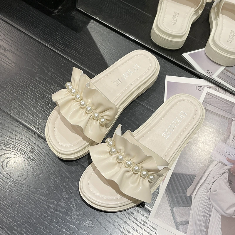 

Шлепанцы женские с оборками и жемчугом, открытый носок, плоская подошва, Классическая Летняя обувь, 2023