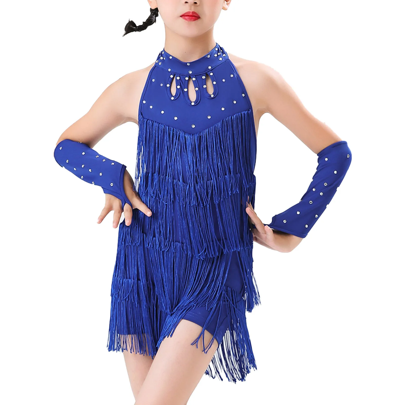 

2023 Kids Girls Latin Salsa Dance Costumes Tiered Tassels Leotard Halter Sleeveless Backless Lace-up Fringe Bodysuit with Gloves