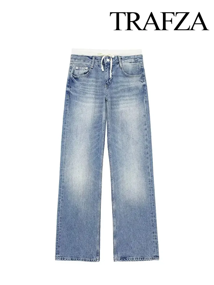 TRAFZA Summer New Women's Retro Denim Blue Street Trousers Fashion Mid-waist Splicing Pocket Women's Zipper Trousers Casual Jean
