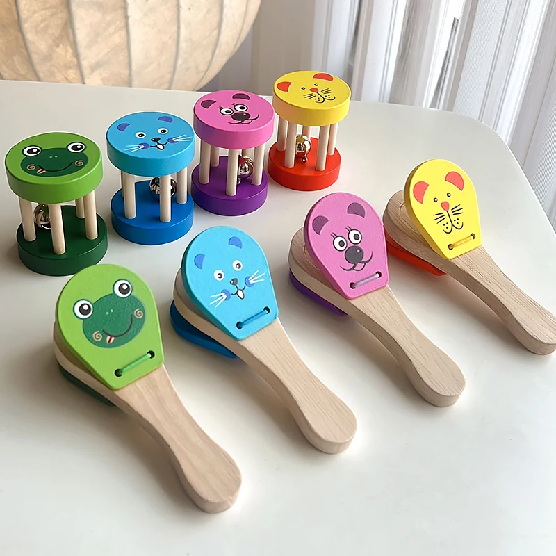 Kids Cartoon Wooden Castanets Bells Music Instruments Baby Clapper