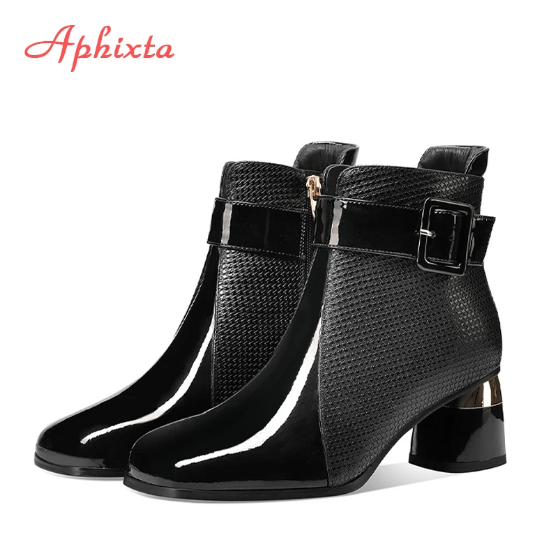 Aphixta 6cm Square Heels Ankle Boots Buckle Patchwork High Quality Woman Shoes Side Zipper Modern Boot Ladies Footwear CN 35-42
