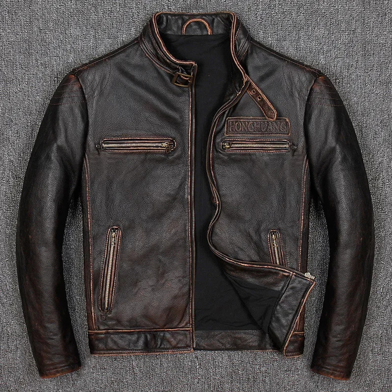 

2024 Brand Locomotive Cowhide Jacket Male Vintage Thick Genuine Leather Zipper Coat Autumn Winter Slim Fit