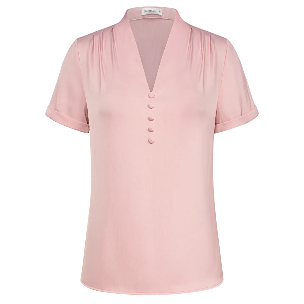 Jasambac Shirt Women V-Neck Blouse OL Comfy Short-Sleeve Pullover Tops Summer Blouses Female Causal T-Shirts Blusas Femininas