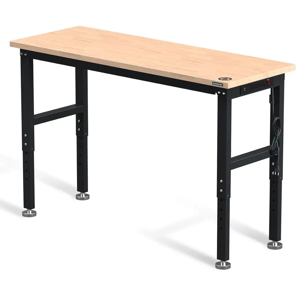 60 Heavy-Duty Adjustable Workbench with Rubber Wood Top, 2000 LB Load Capacity, Power Outlets for Workshop or Garage