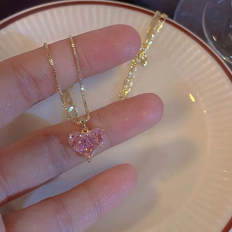 Jewelry Sets Women Earrings Chain Necklace 3pcs Y2k Heart-shaped Zircon Pendant Earrings Necklaces Set
