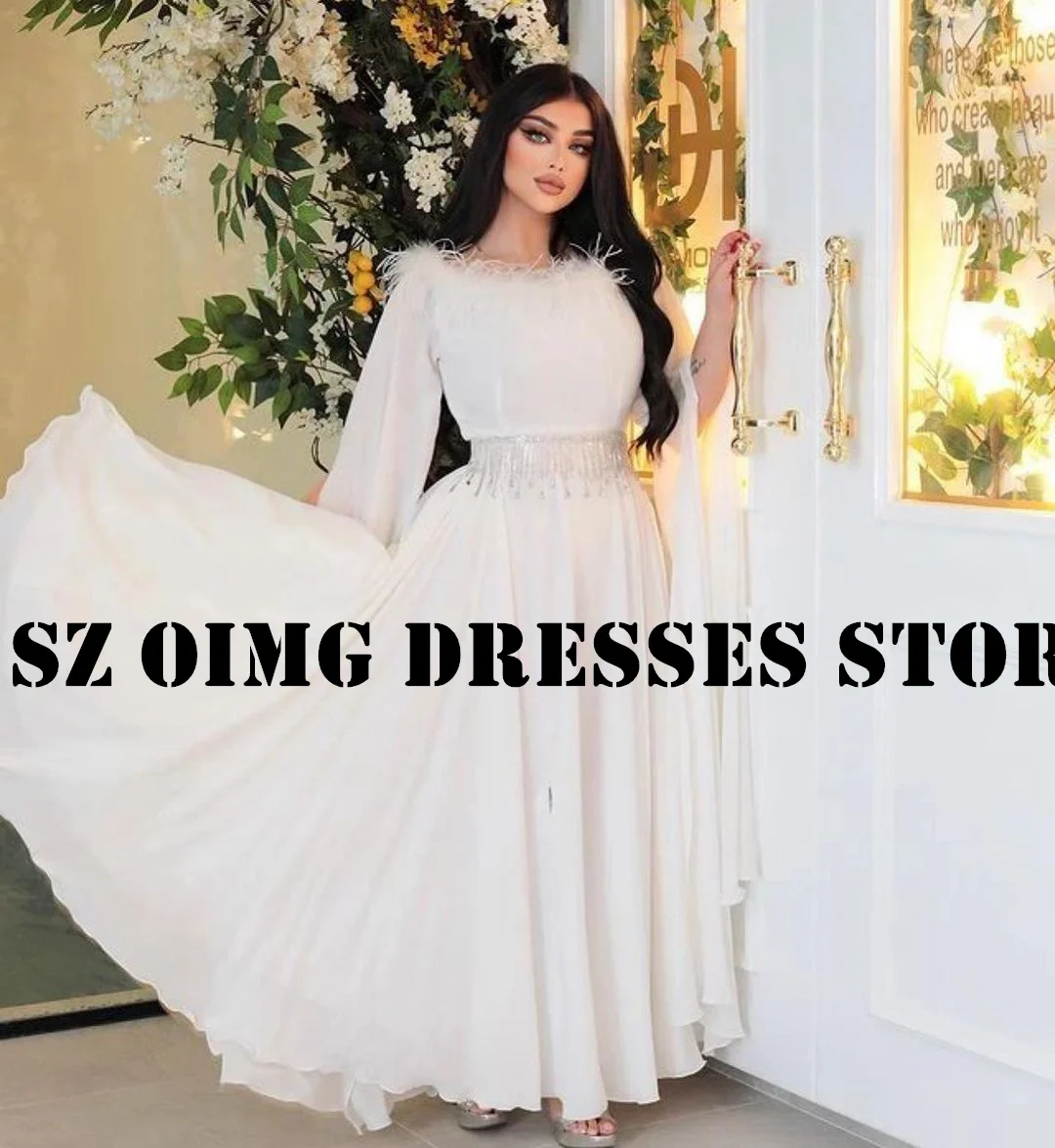 

OIMG New Design Feathers Prom Dresses Arabic Women Cape Sleeves Chiffon White Floor Length Evening Gowns Formal Party Dress