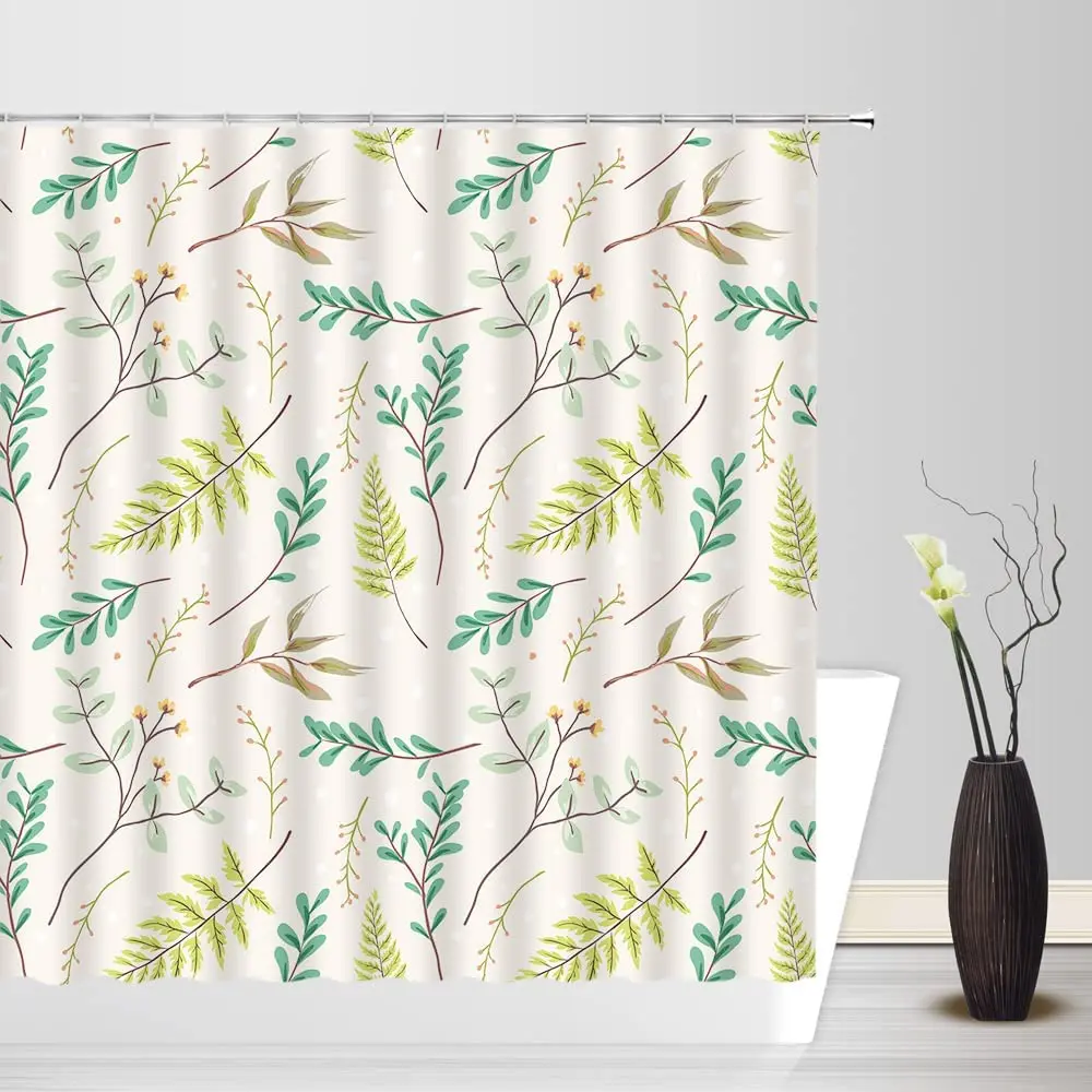 

Tropical Green Leaves Plant Shower Curtains Eucalyptus Leaf Nature Wild Herbs Botanical Bathroom Decor with Hooks Bath Screens