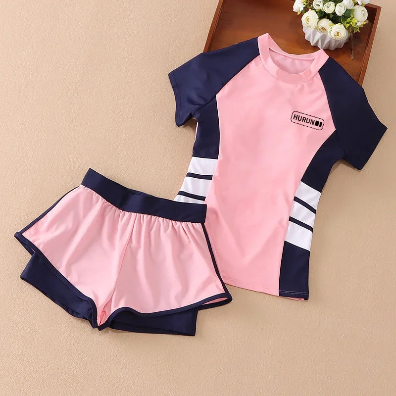 Girls' Swimming Costumes Split Short-sleeved Sunscreen Middle and Older Children Beach Swimming Costume Two-piece Set children swimsuit