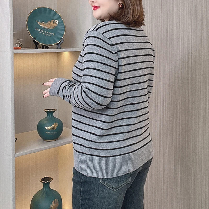 Plus Size Women's Stripe Sweater Autumn Winter Loose Fashion Embroidered Christmas Tree Knit Cardigan Crew Neck Jumpers 4080