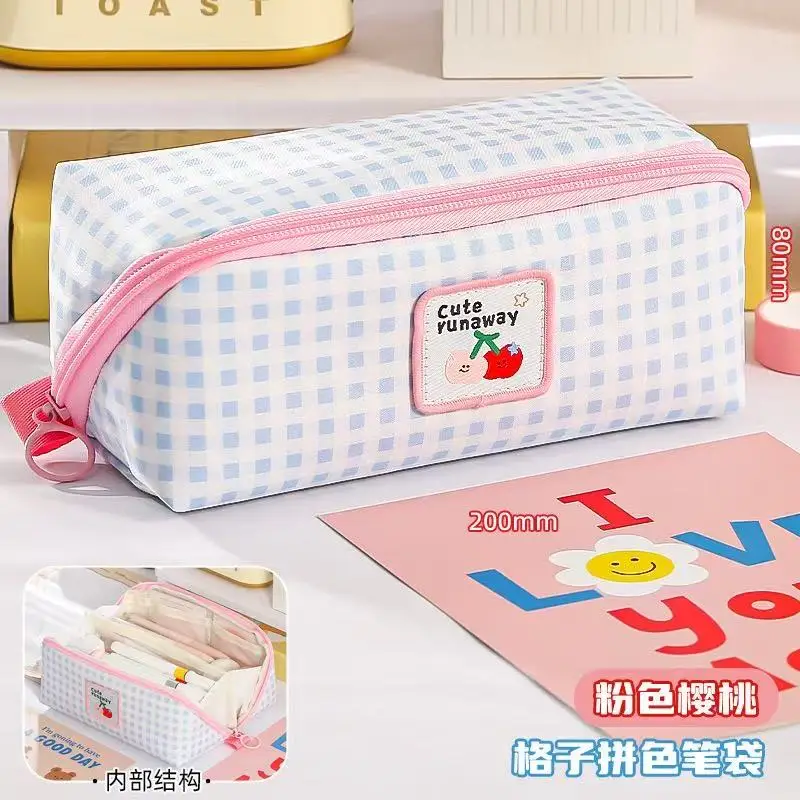 Nuovo astuccio portapenne a quadretti Kawaii, grande capacità, per studenti, da scrivania, per riporre articoli di cancelleria, a più strati, regalo per bambini - immagine 2