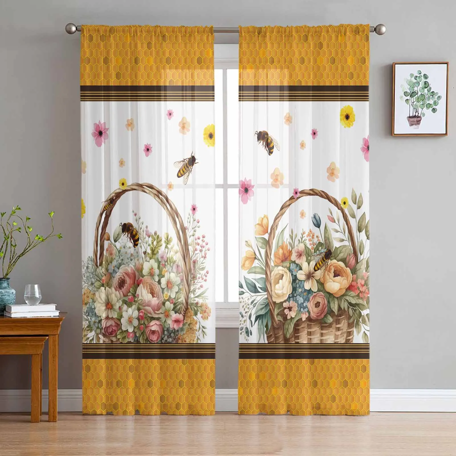 

Flower Basket Bee Watercolor Honeycomb Sheer Curtains for Bedroom Living Room Voile Window Curtains Kids Room Tulle Curtain