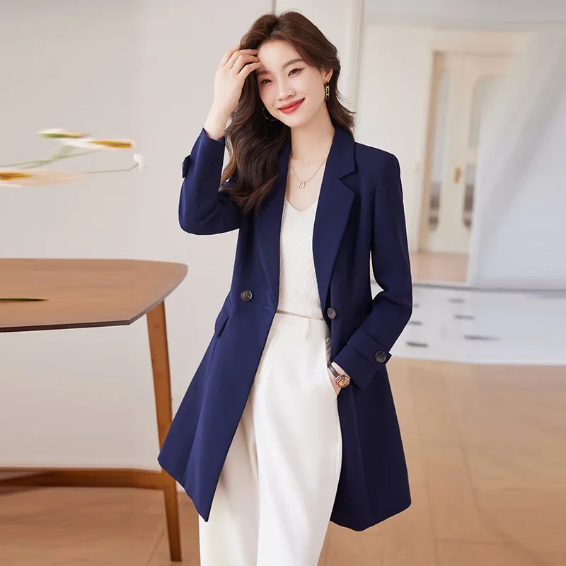 High quality long long blazer for women jacket double breasted autumn winter 2023 elegant fashion clothes - blue brown red