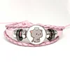 Net Red Cute Couple Mitao Cat Pink Leather Bracelet Glass Cabochon Button Multilayer Bangles Wristband Gift 1