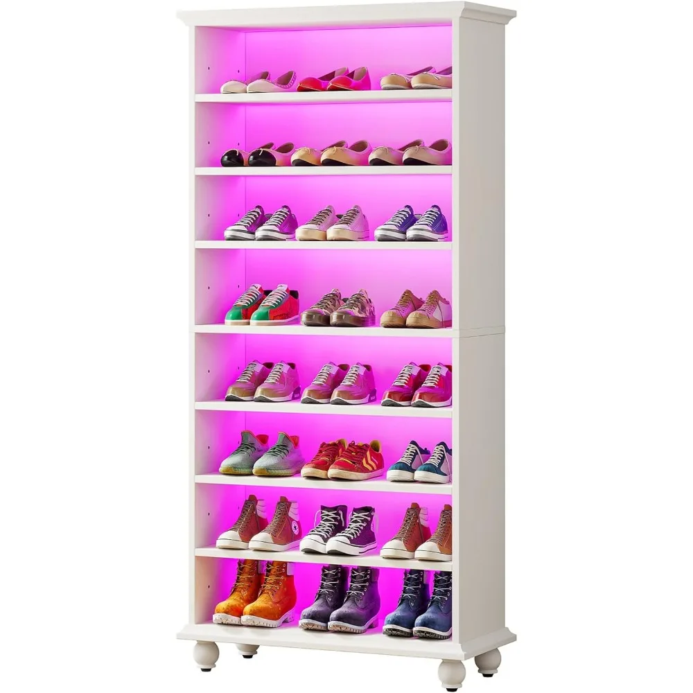 9-Tier Shoe Storage Cabinet with LED Lighting, 30 Pairs Narrow Tall Freestanding Shoe Cabinet, White Wood Shoe Organizer 6