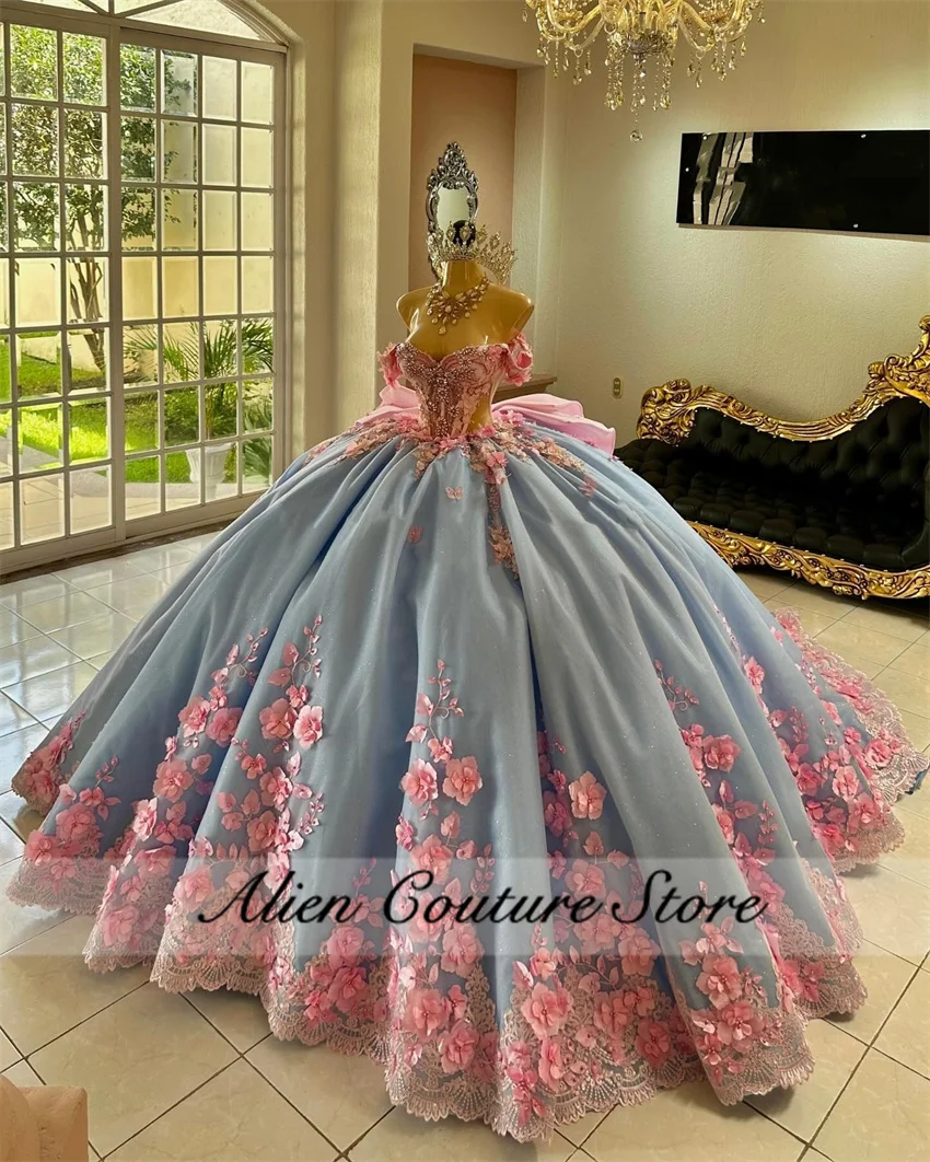 Blue Quinceanera Dresses Princess Bead Crystals Birthday Gowns Pink 3D Flower Appliques Vestidos De 15 Wit Bow Customized