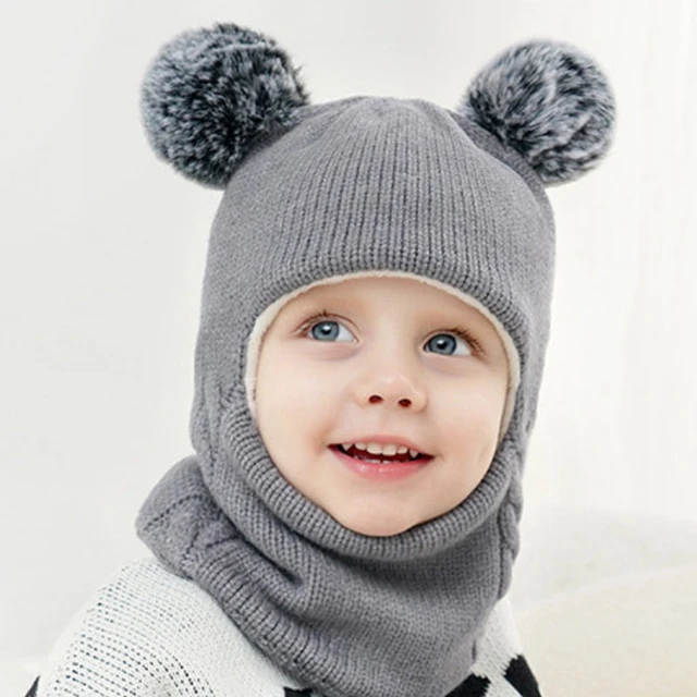 Pasamontañas con pompón para niños, gorro de punto para bebé, bufanda,  redecilla con forro polar, otoño e invierno, 2024 - AliExpress