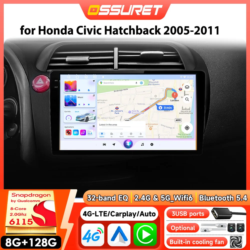 Auto-Multimedia-Player für Honda Civic Hatchback 2005–2011 Carplay Android Auto GPS 4G Intelligentes Radio DSP von Snapdragon 6115