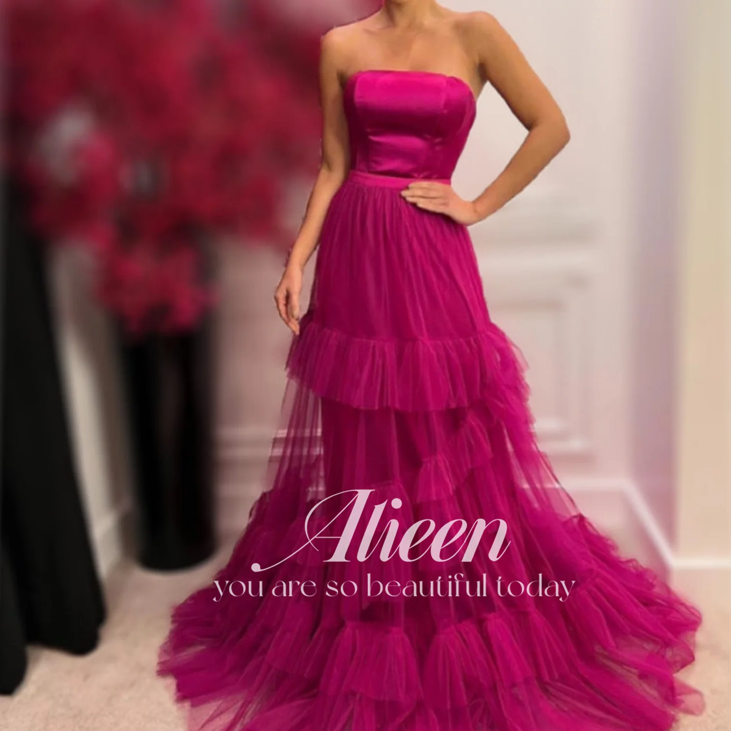 

Aileen 2023 Hot Pink A Line Fuschia Tulle Prom Dresses Strapless Ruffles Skirt Long Formal Evening Gowns Women Robe de soiree