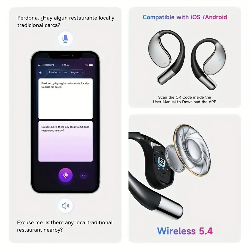 AI translation headset, bone conduction wireless headset, real-time translation in 144 languages, intelligent noise cancellation 6