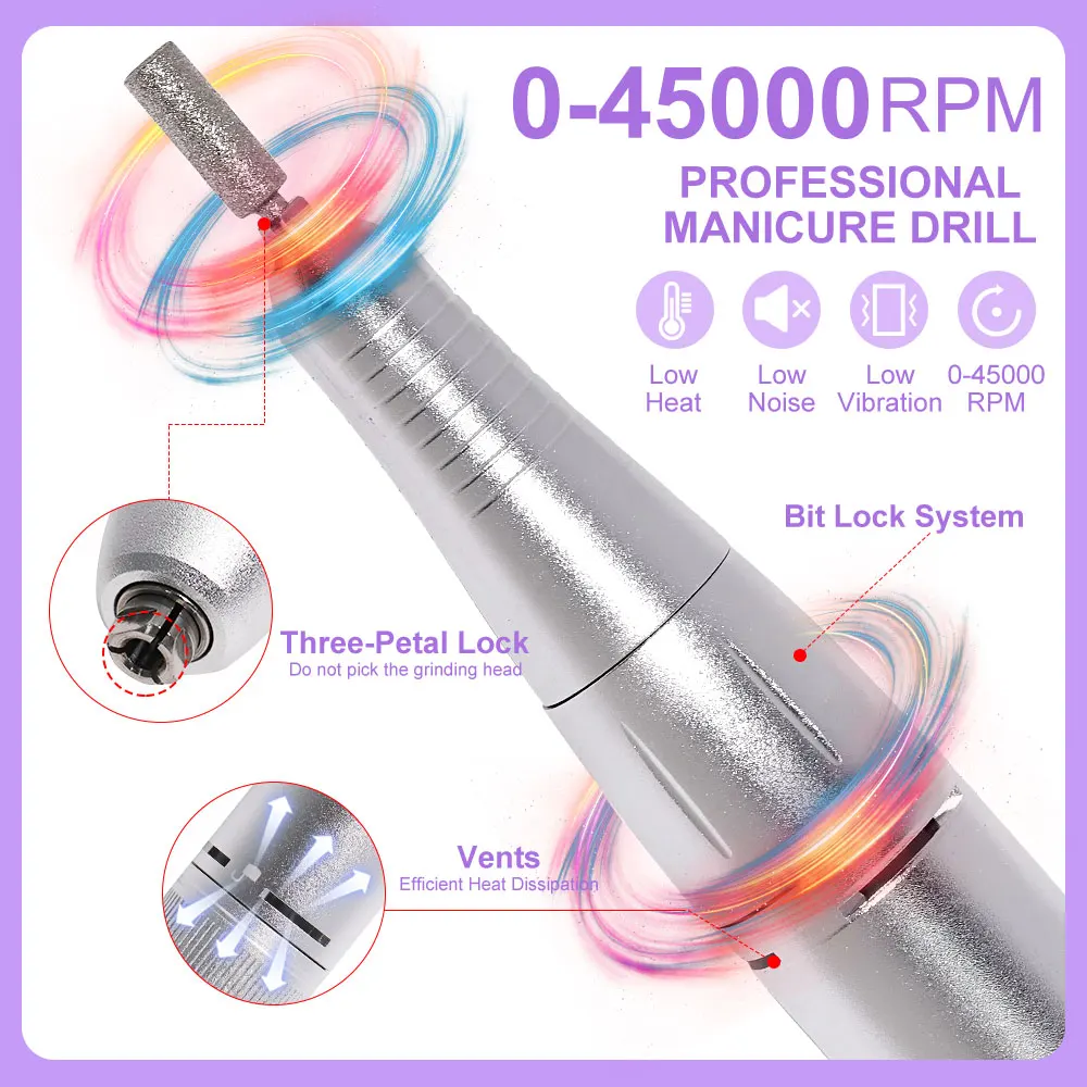 Nail Drill 45000 RPM Rechargeable Nails Electric File Acrylic Gel Removing Polishing Gel Home/Salon Manicure Pedicure