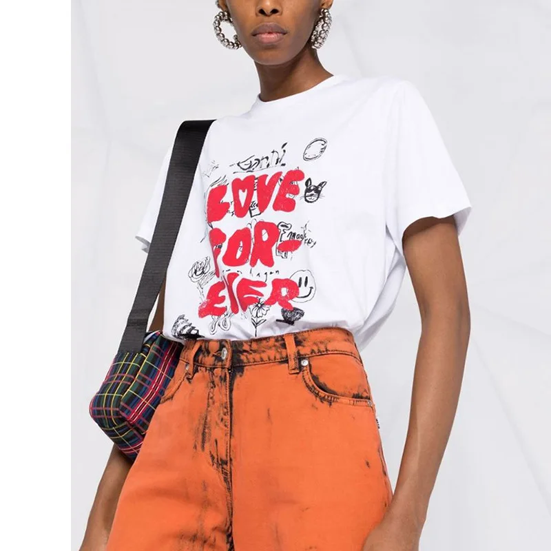 

Женские футболки с буквенным принтом 2023, летние хлопковые Свободные повседневные футболки с круглым вырезом и коротким рукавом