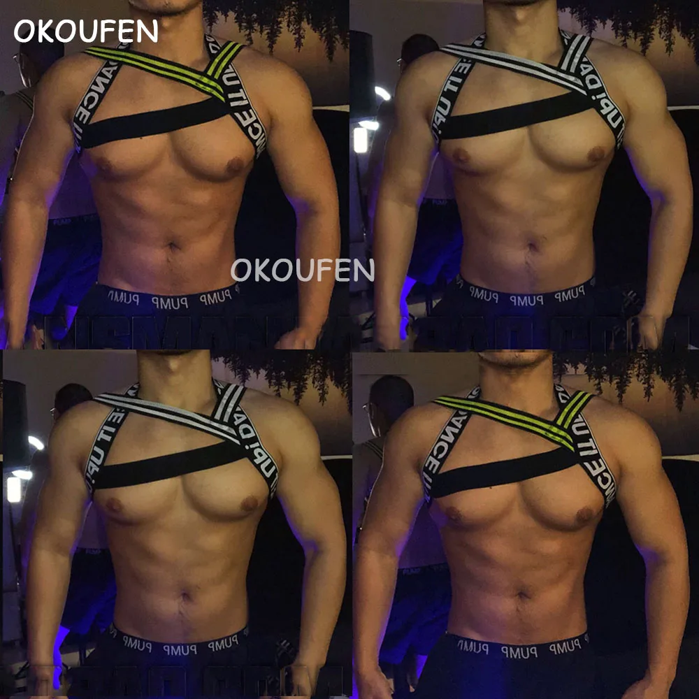 

Nightclub stage costumes men's high elastic fluorescent chest strap fitness chest muscle performance large shoulder strap
