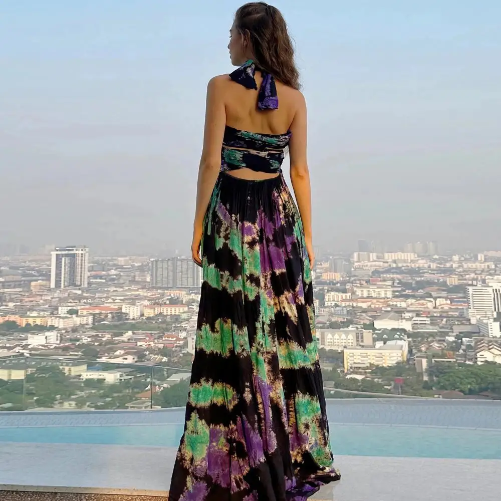 

Summer Sexy Tie Dye Halter Sleeveless Long Dress Elegant Backless Bandage Bodycon Midi Dress Beach Vacation Party Lady Clothes