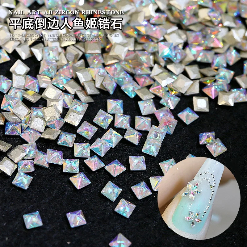 50PCS 탑 스파클 미니 모따기 인어 지르콘 다채로운 블루 플랫 백 다이아몬드 네일 아트 라인 석 장식 매니큐어 매력