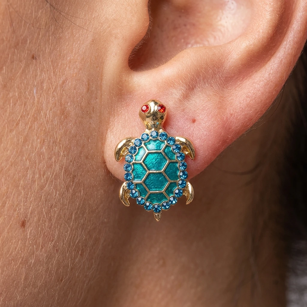 Modische blaue Emaille-Strass-Schildkröten-Ohrstecker für Damen, niedliche kleine Tier-Ohrringe, Sommer-Strandparty-Schmuckgeschenke