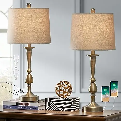 

Touch Control 25" Modern USB Table Lamp Set of 2 for Living Room Bedroom Nightstand Bedside Lamps Brass (Bulb Included) Paper la