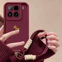Cute 3D Gold Horse Phone Case with Lanyard - Matte Soft Silicone Cover for Xiaomi 13T (Wine Red)