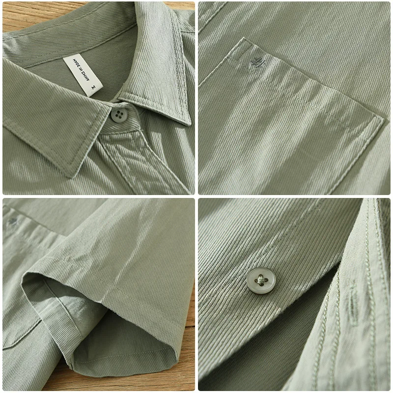 Yellow Short Sleeve Shirt for Men Cotton Button Up Shirts Summer Patch Pockets Embroidery Casual Tops Male Solid Clothing