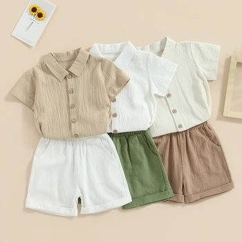 Pudcoco 2Pcs Toddler Kid Baby Boy Summer Cotton Linen Outfit Short Sleeve Button Down Lapel Shirt Shorts Set Baby Clothes 6M-4T