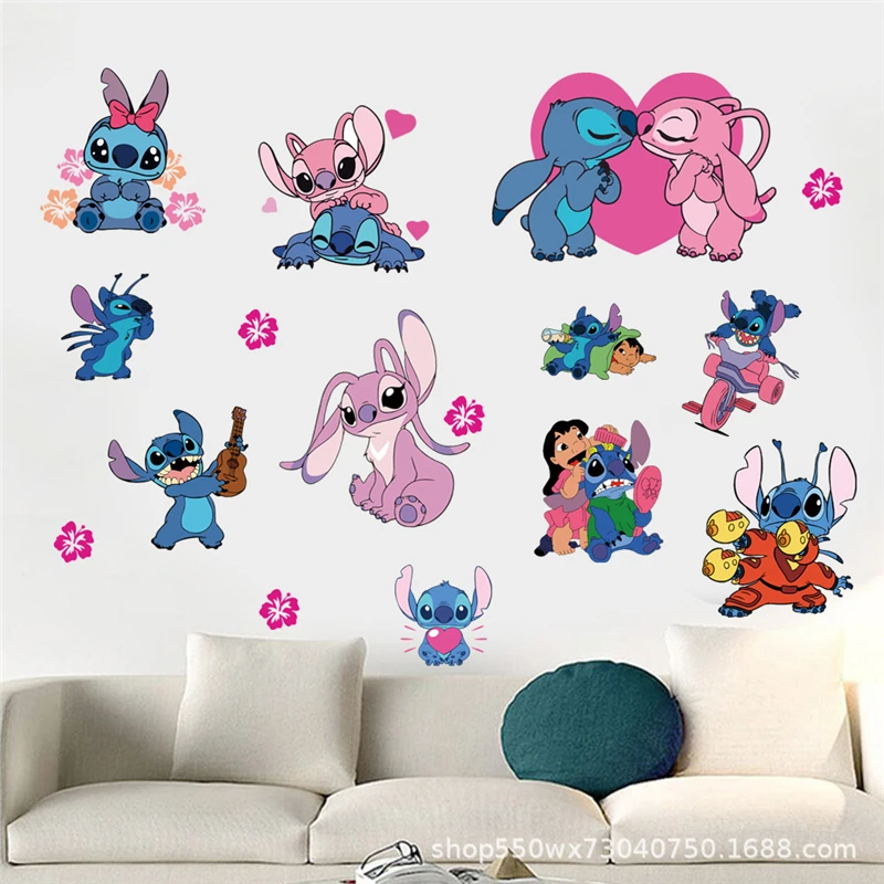 Wall Stickers Cartoon Lilo & Stitch Movie Wall Stickers For Kid's Room Kindergarten Living Room Wall Decoration Animated Poster Art Mural
