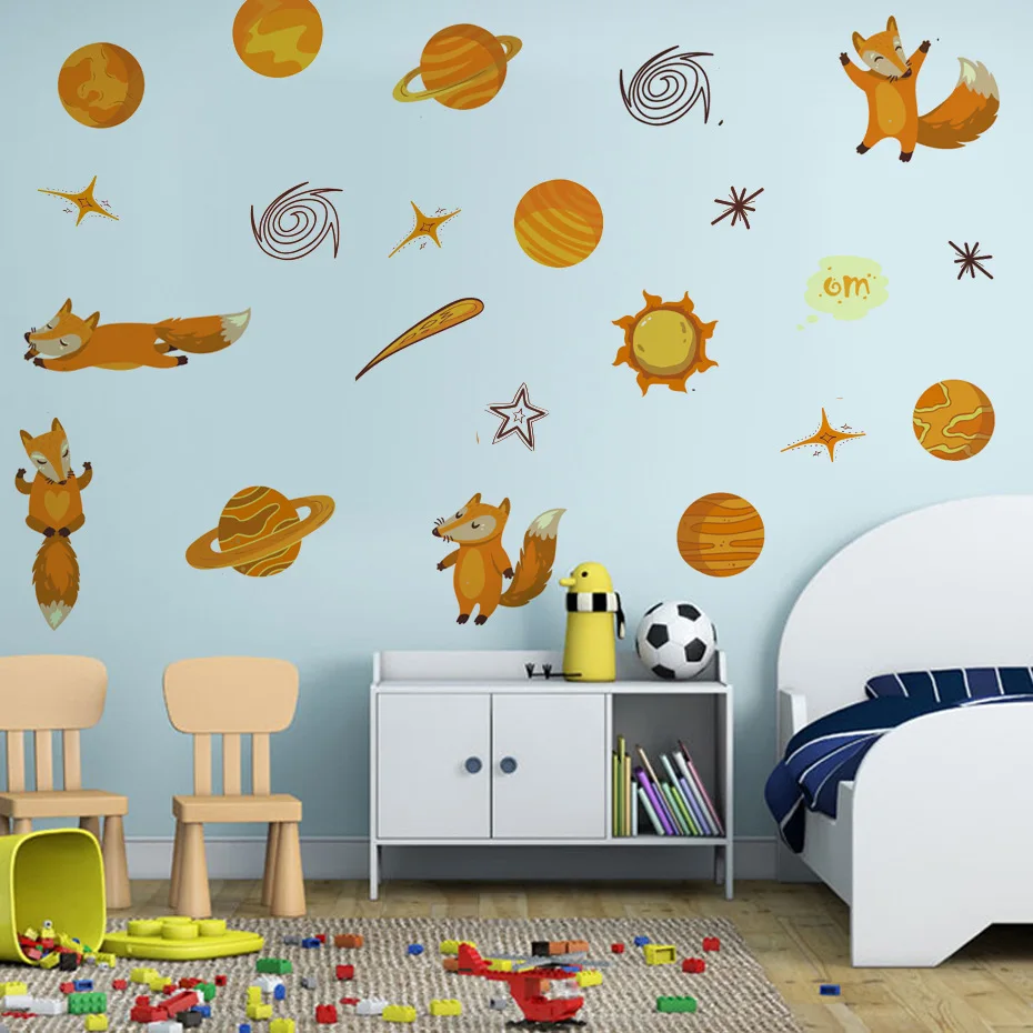 

Mamalook Zollor Fox Animal Cartoon Character Planets Wall Sticker Nordic Style Kids Room Sticker Eco-friendly Fridge Cabinet De