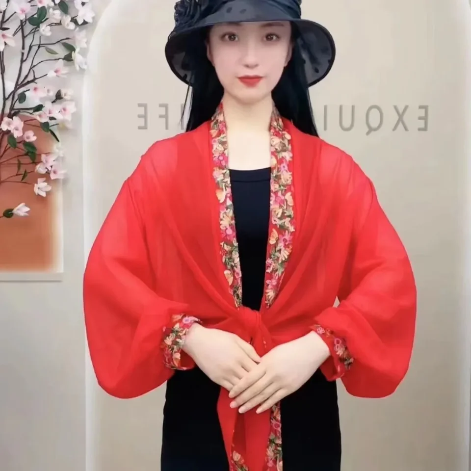 통기성 오토바이 라이딩 기어 쉬폰 자수, 자외선 차단 와이드 슬리브 가디건, 에어컨 숄