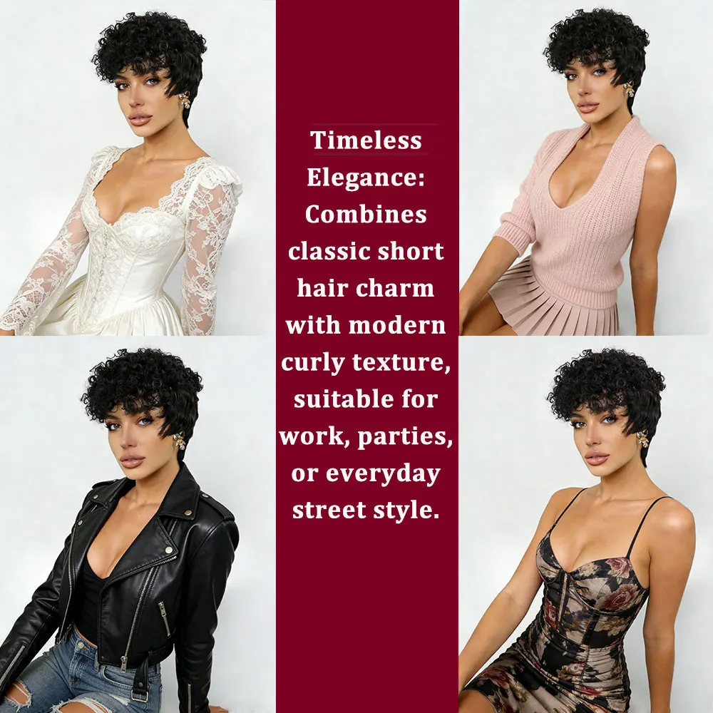 짧은 곱슬머리 픽시컷 인모 가발 (앞머리 포함) 여성용 레이어드 픽시 가발 브라질 레미 헤어 글루리스 풀메이드 밥 가발