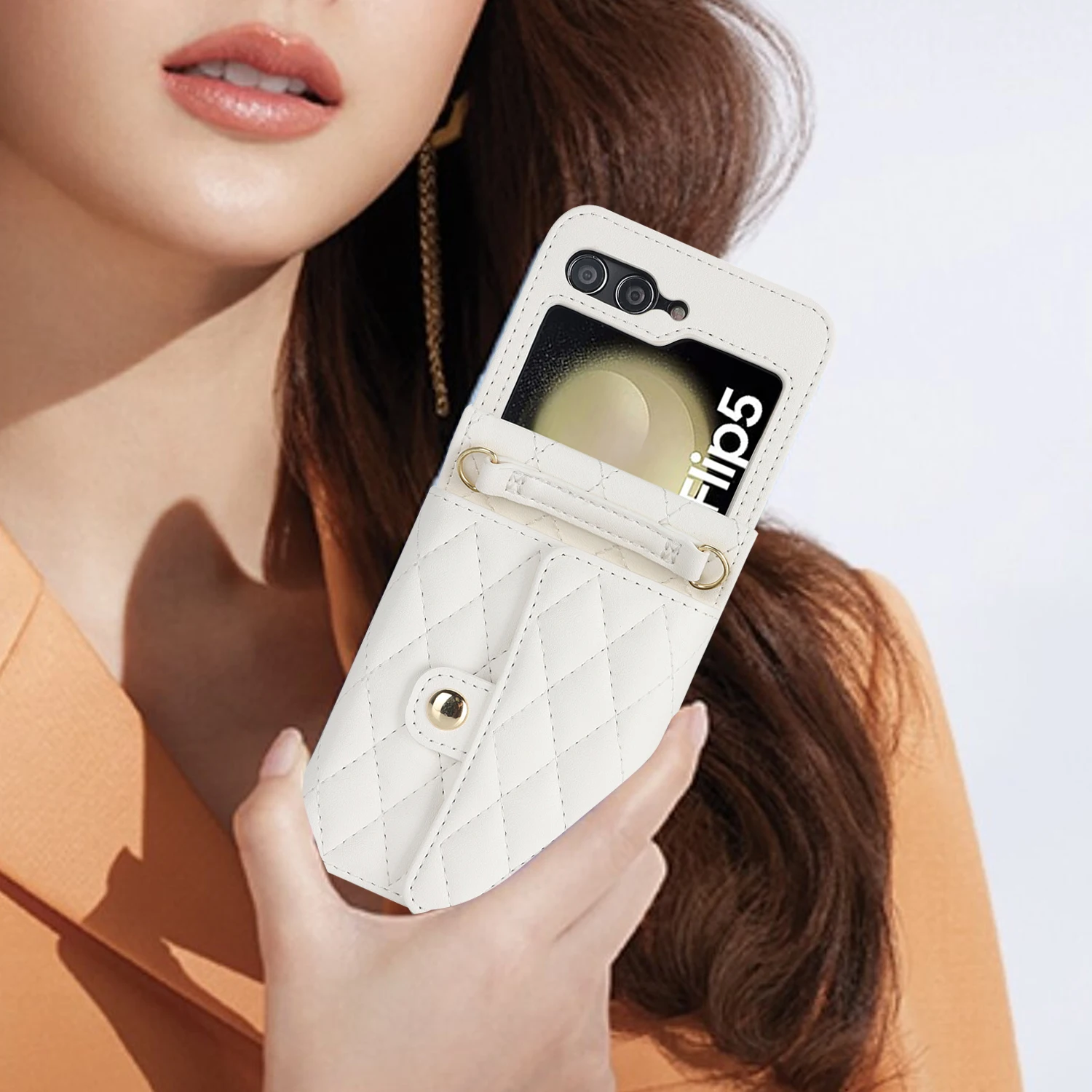 For Samsung Galaxy Z Flip 5 4 3 Case Elegant Soft Plain Leather Wallet Card Bag Crossbody Strap Multifunctional Shockproof Cover