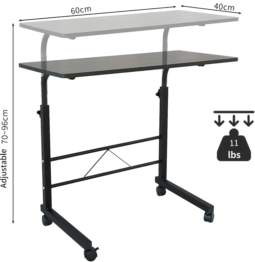 Black Pipe Rack Computer Desk, Side Table Mobile Standing, Adjustable Height & Movable, 60cm Particleboard with Triamine, Modern 5