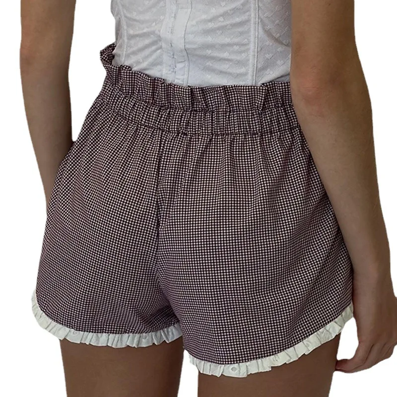 Pink Plaid Shorts for Girls, Ruffled, Lace Patchwork, Casual, New, Brandy Style, Women's Shorts, Mid Waist, 2024