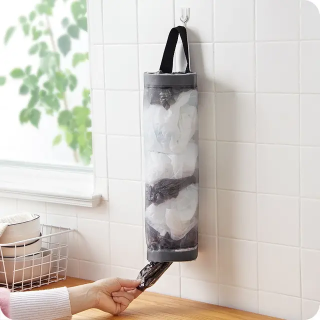 1pc Grey Sundries Bag Storage Wall Mount Mesh Plastic Bags Dispenser Hanging Reused Storage Pouch Trash Bags Kitchen Garbage Org 1