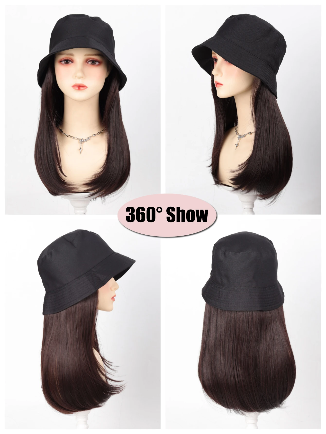 Synthetic 12inch Fisherman Hat Wig Black Hat Wigs Cap With Hair Naturally Connect Short Hair Baseball Cap Adjustable Breathable