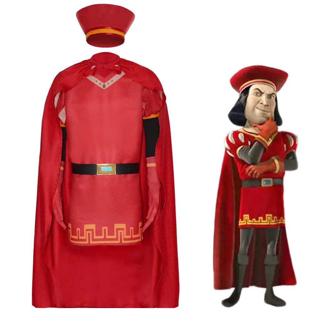 Anime Shrek Lord Farquaad Cosplay Costume Green Monster Farquaad Suit Halloween Purim Fancy Red Outfit Cloak for Men Adult