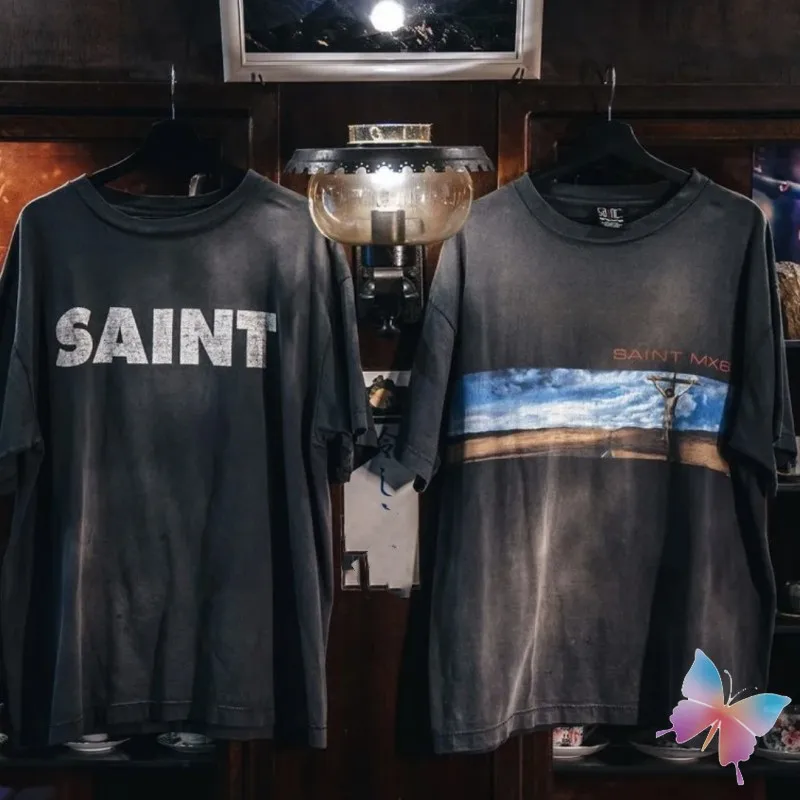 

24ss Black Saint Michael Tshirts Classic Logo Washed Hole Drop Shoulder Short Sleeved Vintage Hiphop Street Men Women T-shirts
