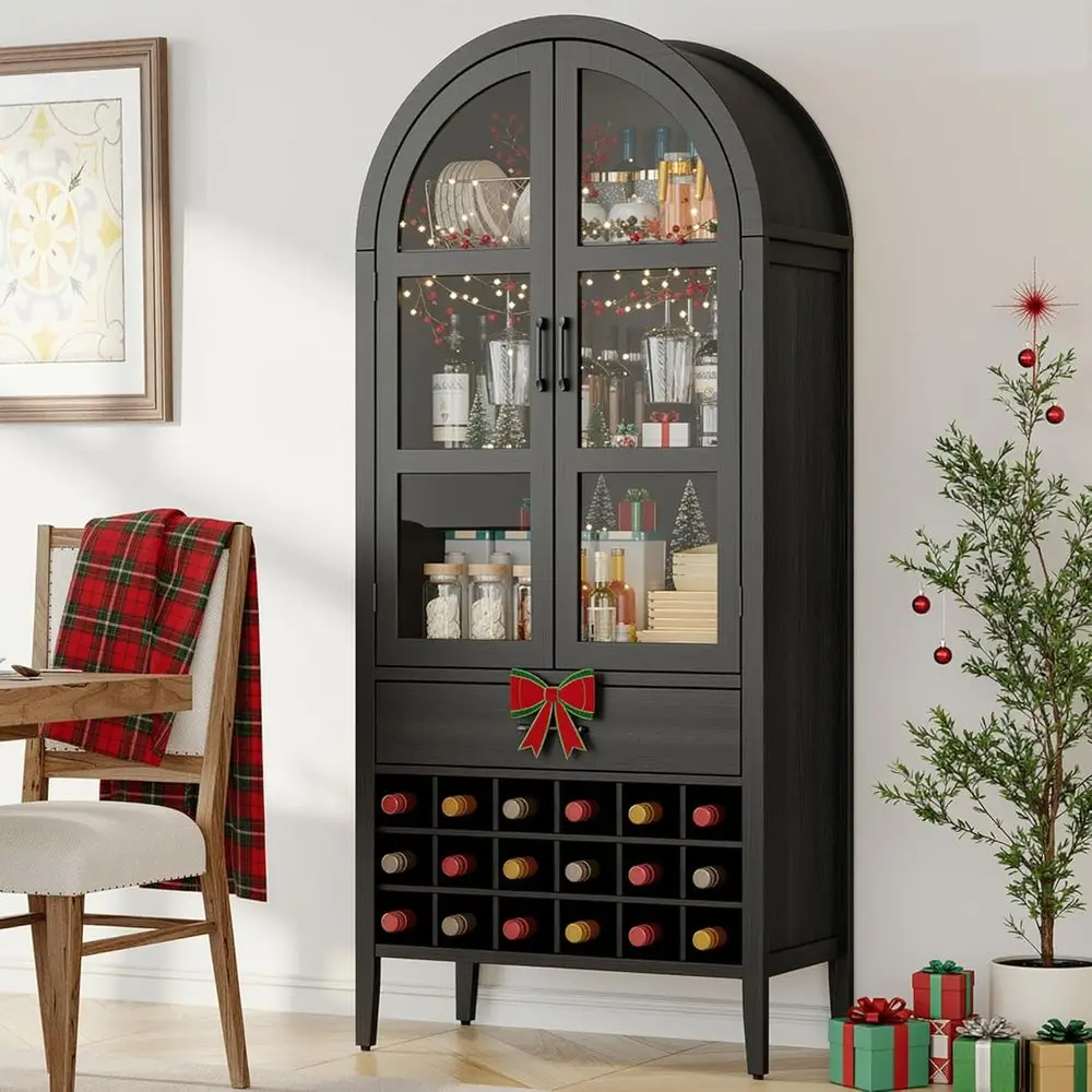 Tall Arched Wine Bar Cabinet with Storage, Bar Cabinet with Doors and Shelves, Liquor or Home, Kitchen Pantry or Dining