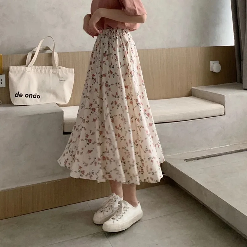 Flower wine printed thousand pleated long skirts summer women Korean street famous lace elastic waist midi skirt